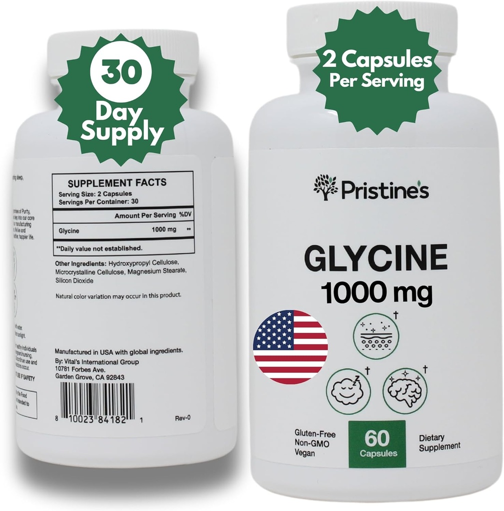 Old Label Glycine 1000MG Aminosyre supplement dvaletilskud kapsler - 30 dages forsyning - Muscle Recovery, Nyre Sundhed & Collagen formering produktionsstøtte
