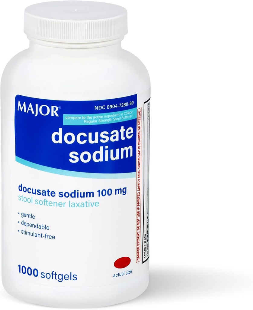 MAJOR Docusat Natrium 100mg, Afføringsmiddel Laxative for Occasional Constipation Relief - Let, Afhængig, Stimulant- Free, 1000 Softgels