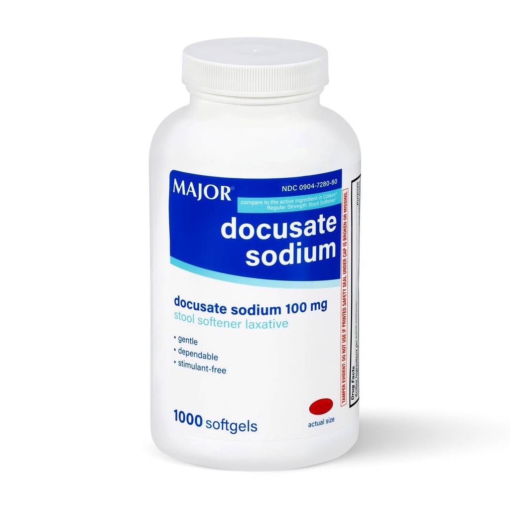 MAJOR Docusat Natrium 100mg, Afføringsmiddel Laxative for Occasional Constipation Relief - Let, Afhængig, Stimulant- Free, 1000 Softgels