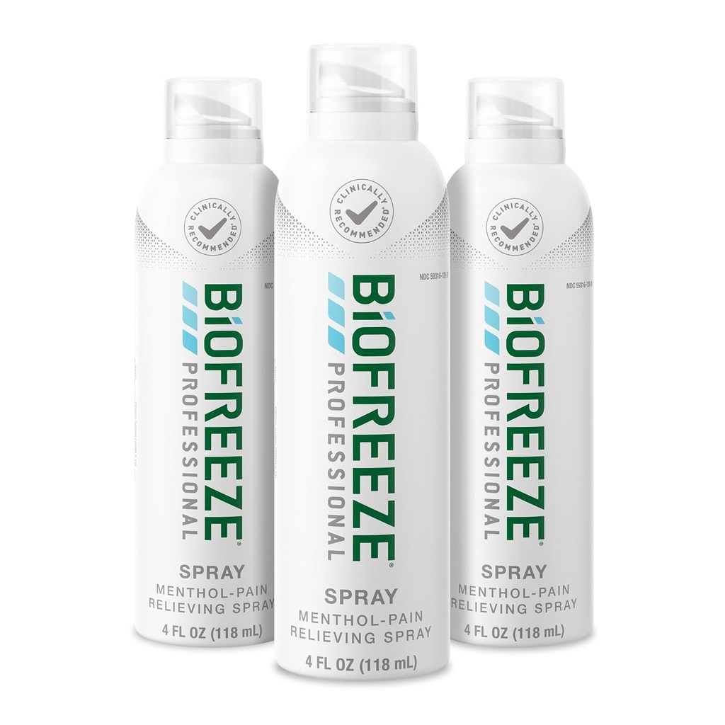 Biofreeze Professional Pain Relief Spray til Knee, Neck, Hip, Joint, Shoulder, & Simple Backache, Gigt Smerte Reliever, Sore Muskel Relief, Farveløs Menthol Spray 4 Fl Oz (Pack of 3)