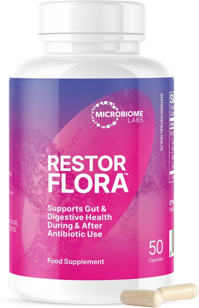 Microbiome Labs Restorflora Probiotics for Digestive Health - Gut Health Supplements with Dual Action Probiotics for Women, Men & Kids 5+ - Support Bowel Regularity & Immune Function (60 Capsules)