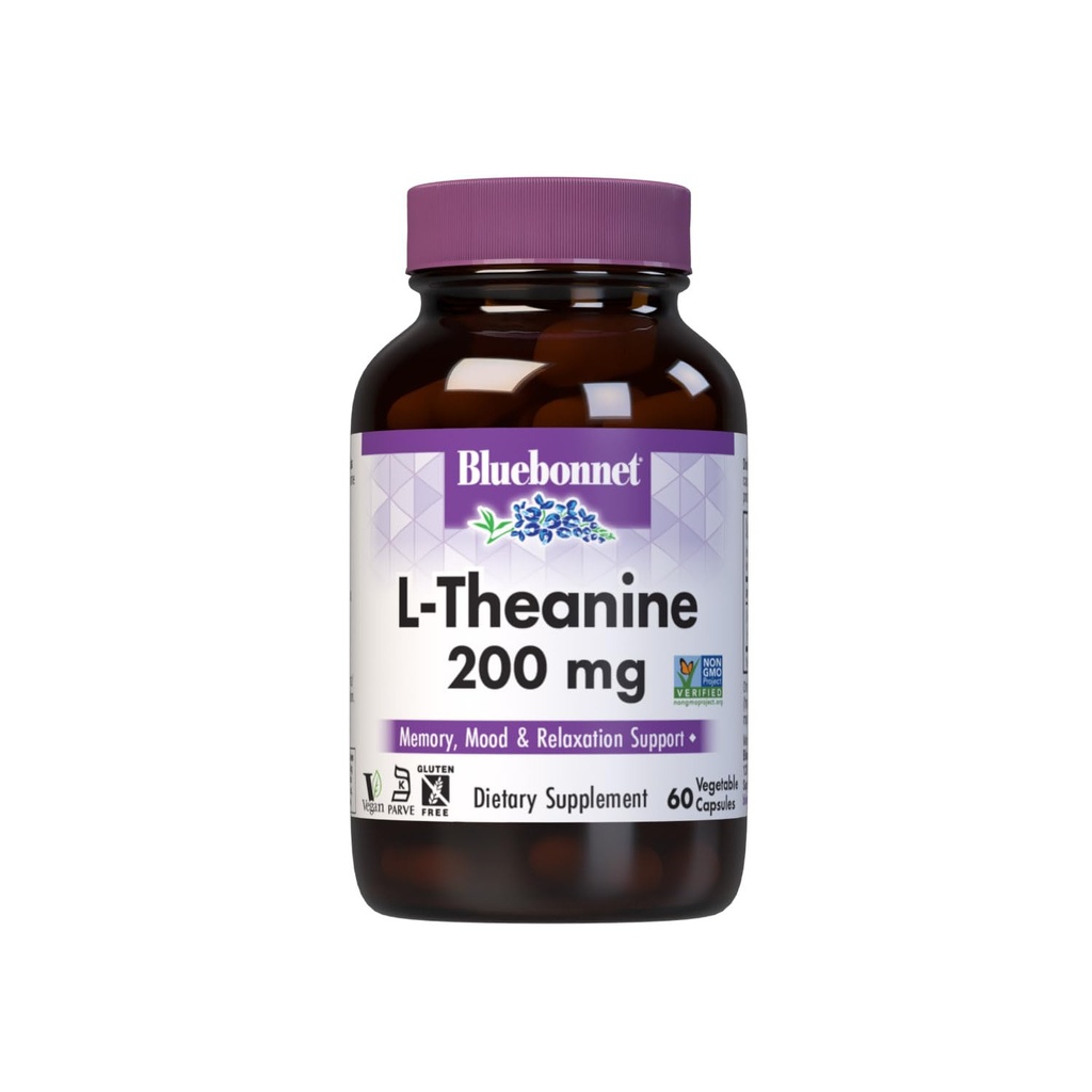 Bluebonnet Nutrition L- Theanine 200mg, Free- Form Aminosyre, Promoes relaxation *, Soy- Free, Gluten- Free, Non- GMO, Kosher Certified, Vegan, 60 Vegetabilske kapsler, 60 Servering