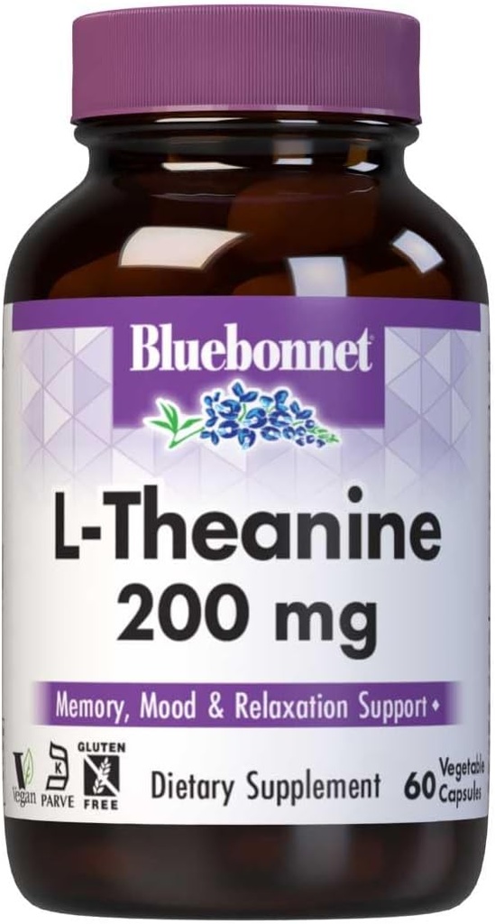 Bluebonnet Nutrition L- Theanine 200mg, Free- Form Aminosyre, Promoes relaxation *, Soy- Free, Gluten- Free, Non- GMO, Kosher Certified, Vegan, 60 Vegetabilske kapsler, 60 Servering