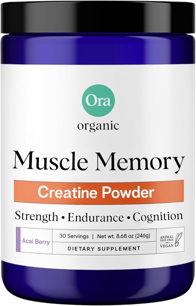 Ora Organic Creatin Monohydrat Powder - Germany-Sourced Creavitalis for Strength, ElevatP for Energy, D-Ribose & Taurine for Recovery - Creatin for kvinder & mænd - Acai Berry Flavor, 30 Servering