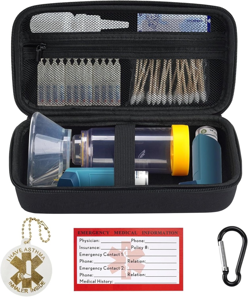 YouKnow Rejsebærer sag for Astma Inhaler, Inhaler Spacer for voksne og børn, Mask, Inhaler Holder med Astma Advarsel Label og Medical Card, med Carabiner (kun sag) (sort)