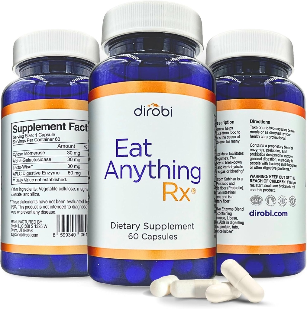 Dirobi spise noget Xylose isomerase Fructose Malabsorption enzymer, FODMAP supplement, fordøjelsesenzymer for bedre laktose, fedt, protein & kulhydrat fordøjelsesgas & bloating Relief 60 kapsler