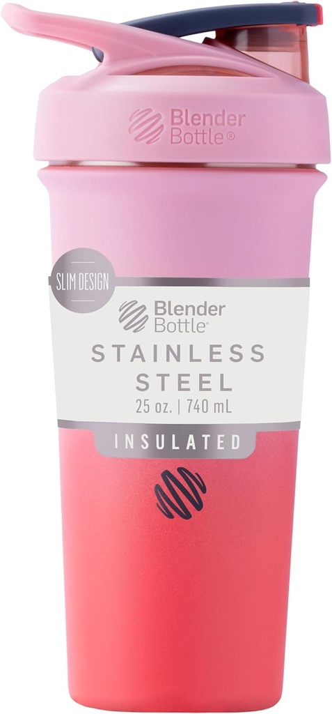 BlenderBottle Sport Sleek Isoleret rustfrit stål Shaker Flaske med Wire Whisk, 25-Ounce, Flamingo Ombre - Protein Shakes & Hydration for Atleter & Fitness Enturasts, Easy Mixing, Slim Easy to Hold, Keeps Drinks Cold, Lockable Lid