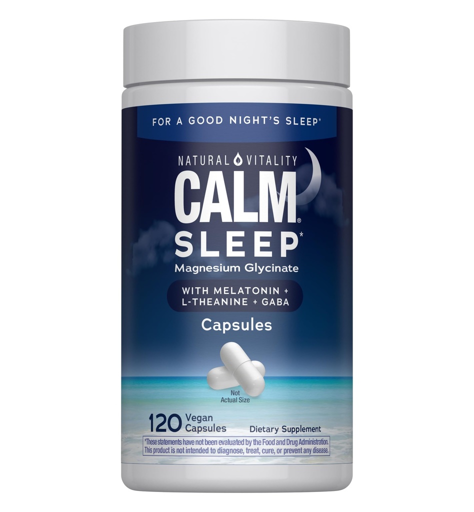 Naturlig Vitality Rolig søvn Magnesium supplement, Melatonin & Magnesium Citrat, Søvnstøtte kapsler, Gluten Free, Vegan, Non- GMO, Hjælper Kropsevnen i søvn, 120 Kapsler