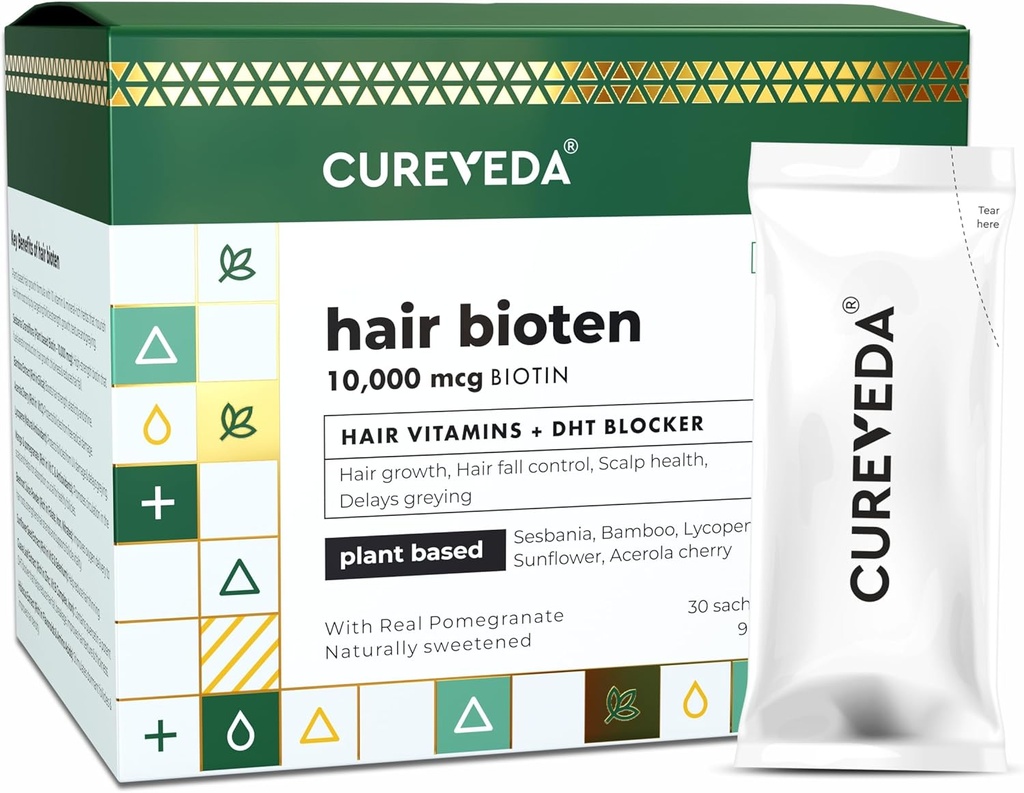 Cureveda Curveda Grow Plant Based Biotin 10000 Mcg Powder Supplement for Unisex, Fordele Sund Skalp og hårvækst, Ingen tilsat sukker, Natural Pomegranate Flavour 150 g (Pack of 1) Grow-1