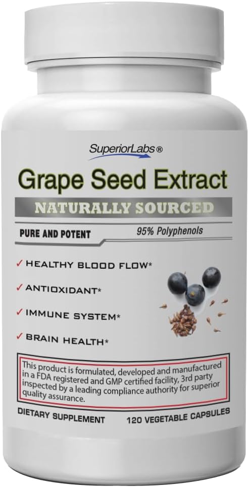 Superior Labs Grape Seed Extract, 400mg, 120 Vegetabilske kapsler, 95% polyphenoler, høj antioxidant indhold, sund blodgennemstrømning, understøtter immunsystemet og hjernesundhed