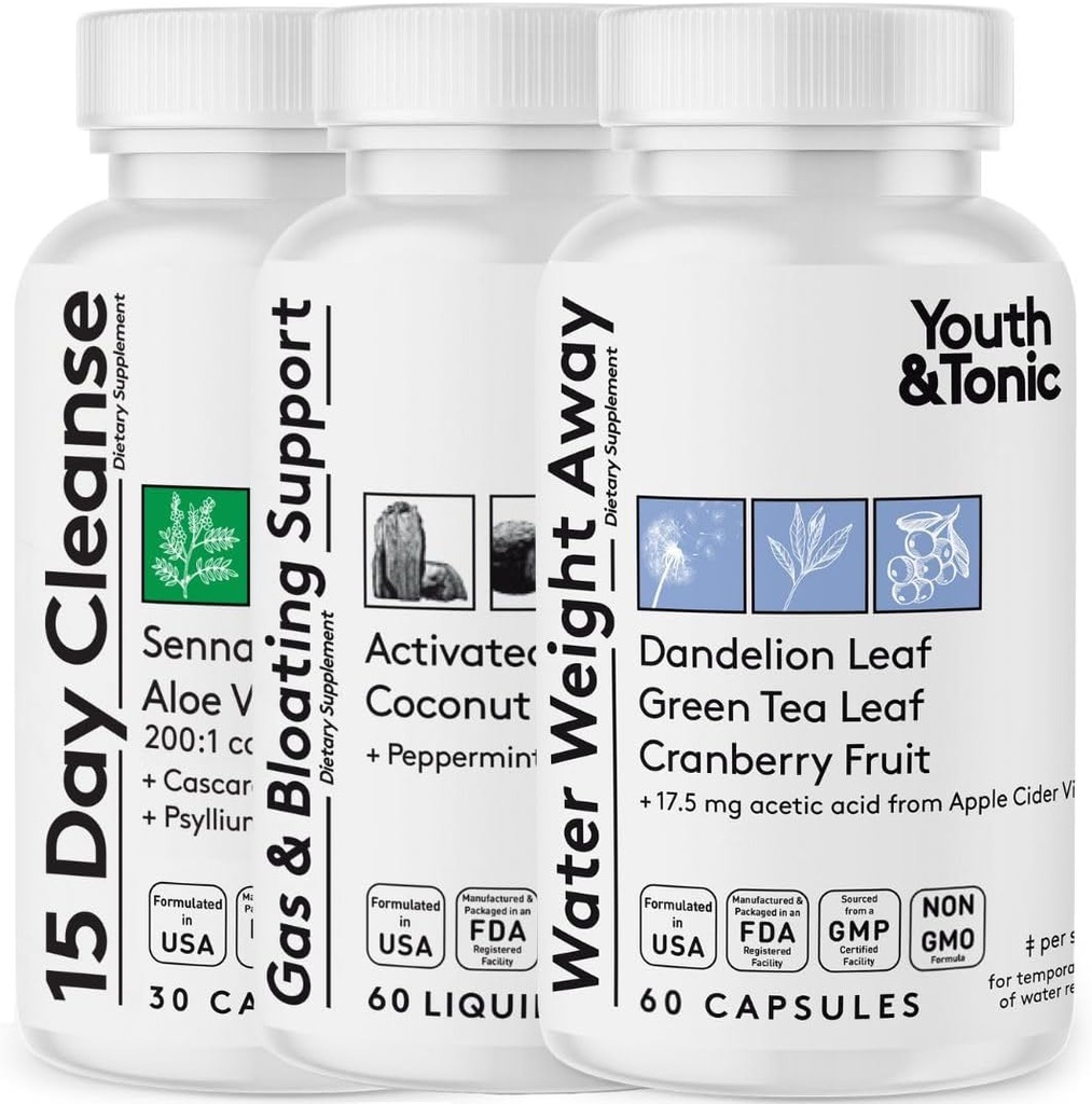 Youth & Tonic 3X Belly Bloating Pills til Puffiness, Vand Debloat, Mave, Gut & Colon Cleanse Detox Detox 124; med flydende aktiverede kul, kokos & pebermynte olie, Senna Leaf & mere; 150 kapsler