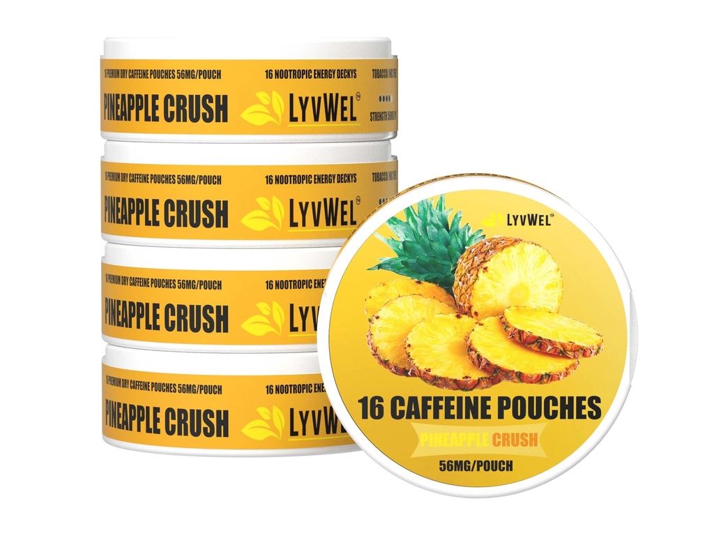 LyvWel 56mg koffein Energy Pouches - Ananas - Clean Energy & Focus Boost med Guarana - 5 - Pack med 16 Pouches Per Can (80 Total Pouches)