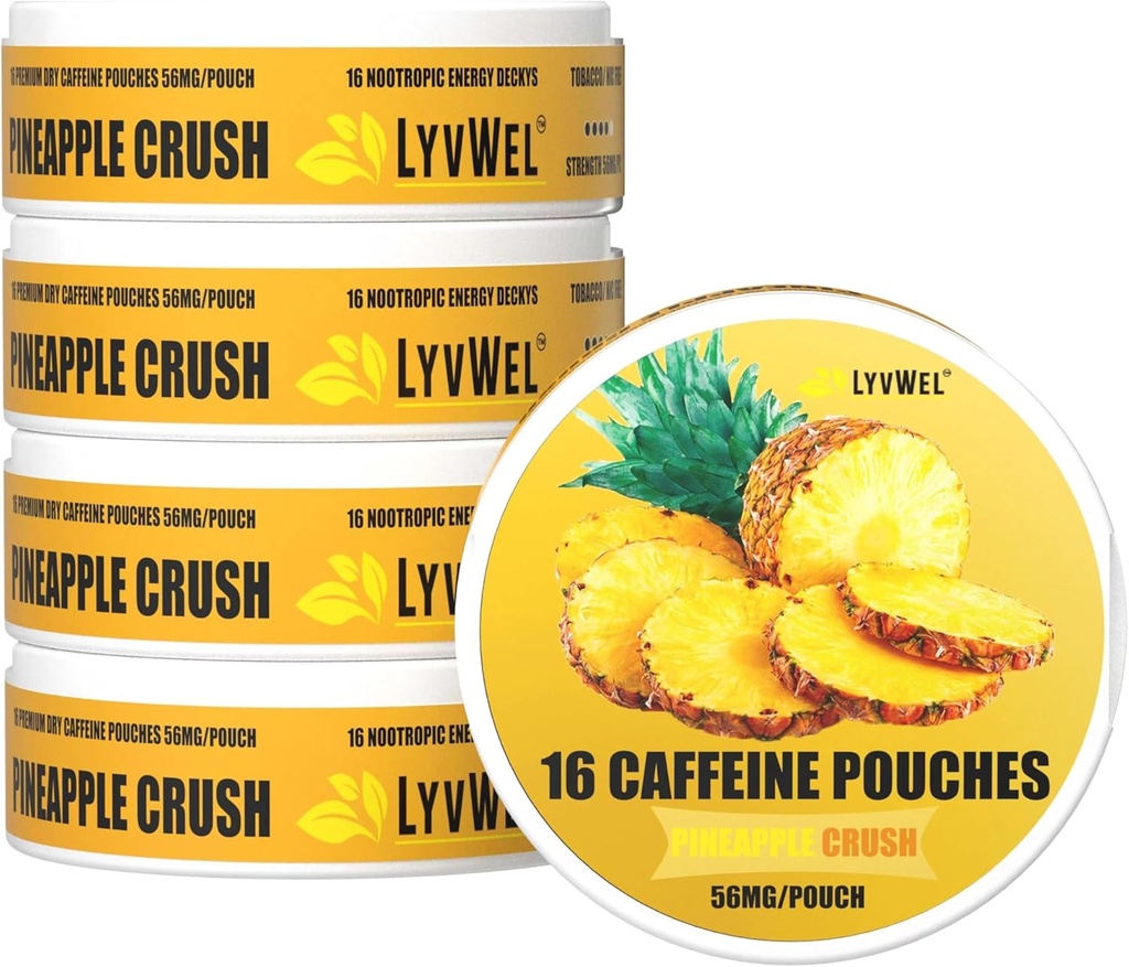 LyvWel 56mg koffein Energy Pouches - Ananas - Clean Energy & Focus Boost med Guarana - 5 - Pack med 16 Pouches Per Can (80 Total Pouches)
