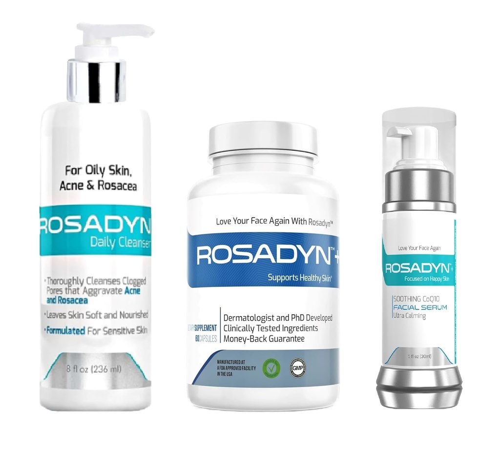 Rosacea Treatment Products, Set of 3 Measures 124; Redness Relief Supplement, Honning Gel Cleanser og CoQ10 Ansigtsserum af Rosadyn +