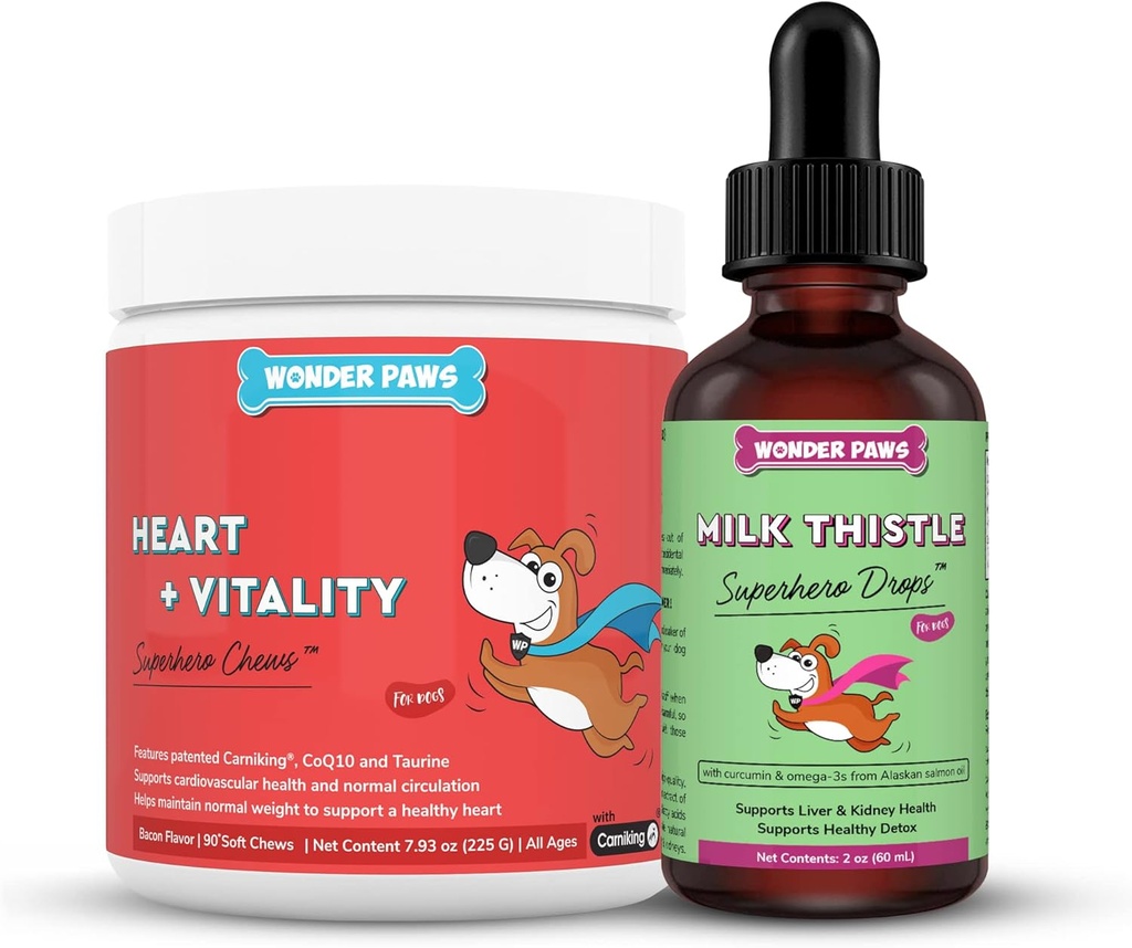 WONDER PAWS Heart + Vitality Superhelt Chews Plus Milk Thistle Drops - for Dogs Heart Health, Circulation, lever & immunsupport - Heart + Vitality 90 Chews - Milk Thistle Drops 2 Ounces