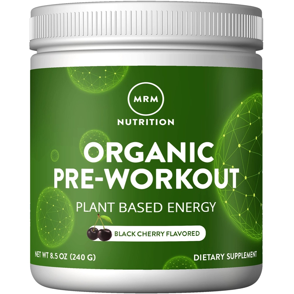 MRM Nutrition Organic Pre- Workout Pulver • 124; Black Cherry Flavored • 124; Superfoods + 150mg Natural Koffein + adaptogens • 124; Clean Energy + Focus • 124; Sund blodgennemstrømning • 124; Vegan + Non- GMO • 124; 20 Servering
