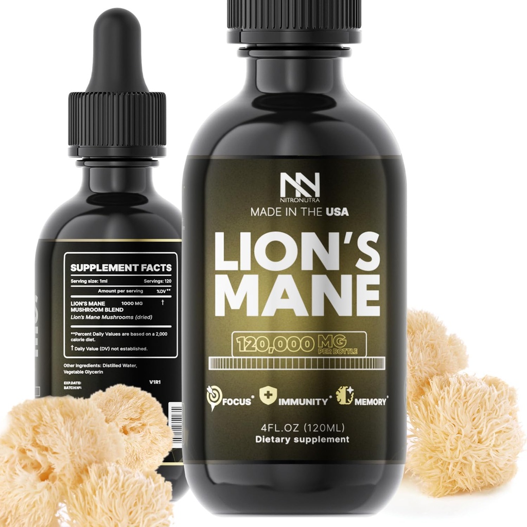 Lions Mane Mushroom Supplement - Organic Lions Mane Extract for Brain Health, Memory, Focus & Immunsupport - Nootrop Vegan flydende tinktur - Lavet i USA - 4 Fl Oz