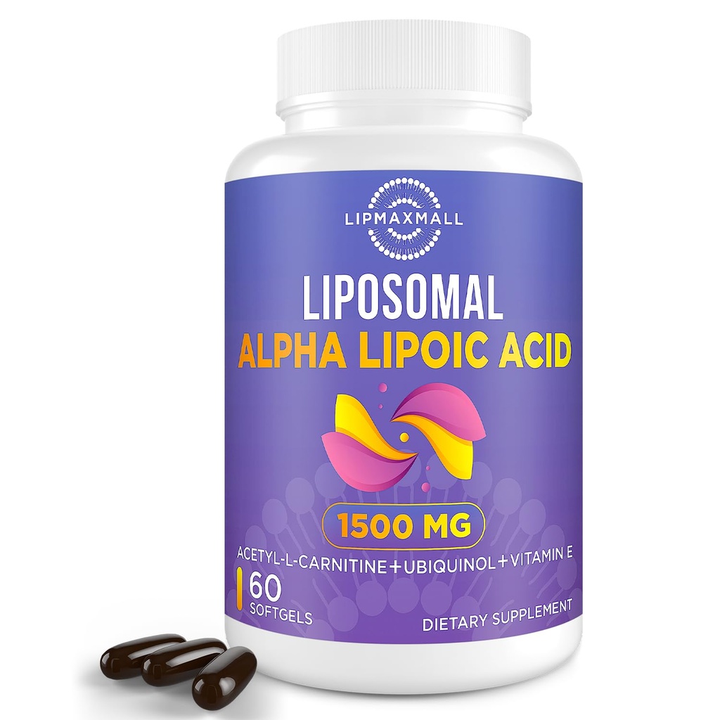 Liposomal Alpha Lipoinsyre 1500mg- med Acetyl- L- Carnitin 900mg & Ubiquinol 100mg & vitamin E 15mg MALA Tillæg for antioxidanter Glucose Metabolisme Nerve Energi Kardiovaskulær, 60 Softgel
