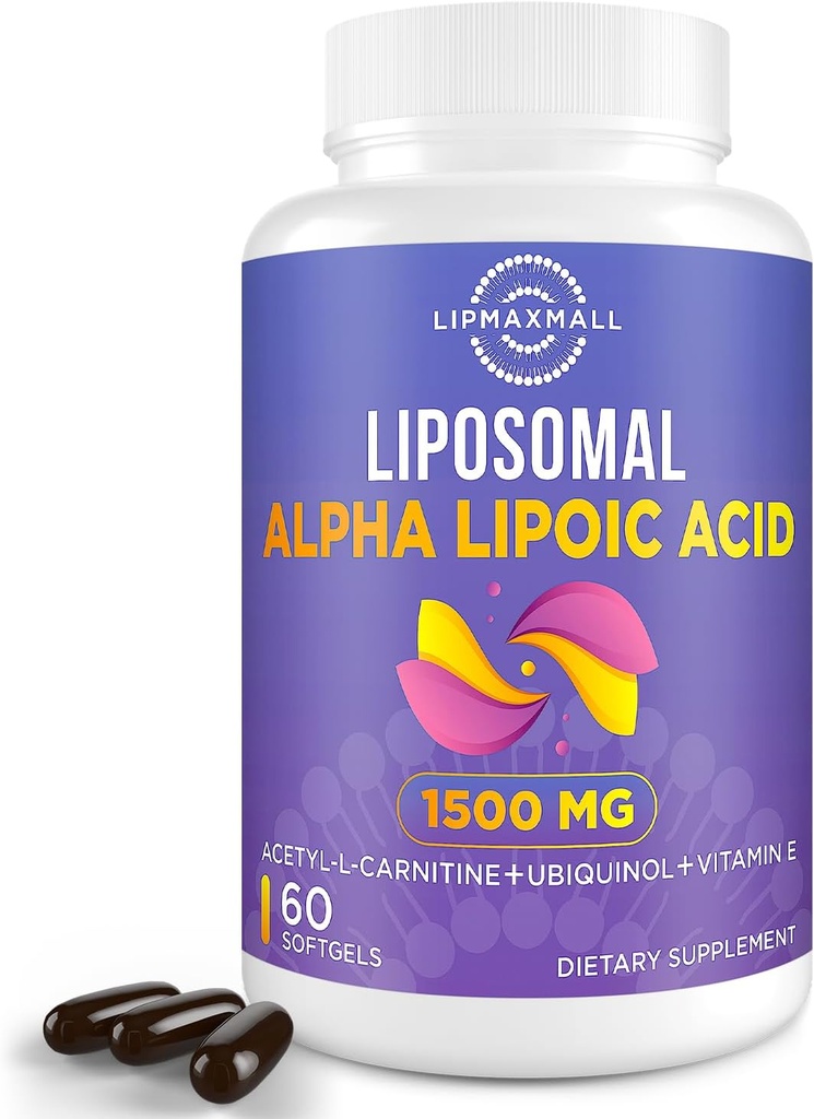 Liposomal Alpha Lipoinsyre 1500mg- med Acetyl- L- Carnitin 900mg & Ubiquinol 100mg & vitamin E 15mg MALA Tillæg for antioxidanter Glucose Metabolisme Nerve Energi Kardiovaskulær, 60 Softgel