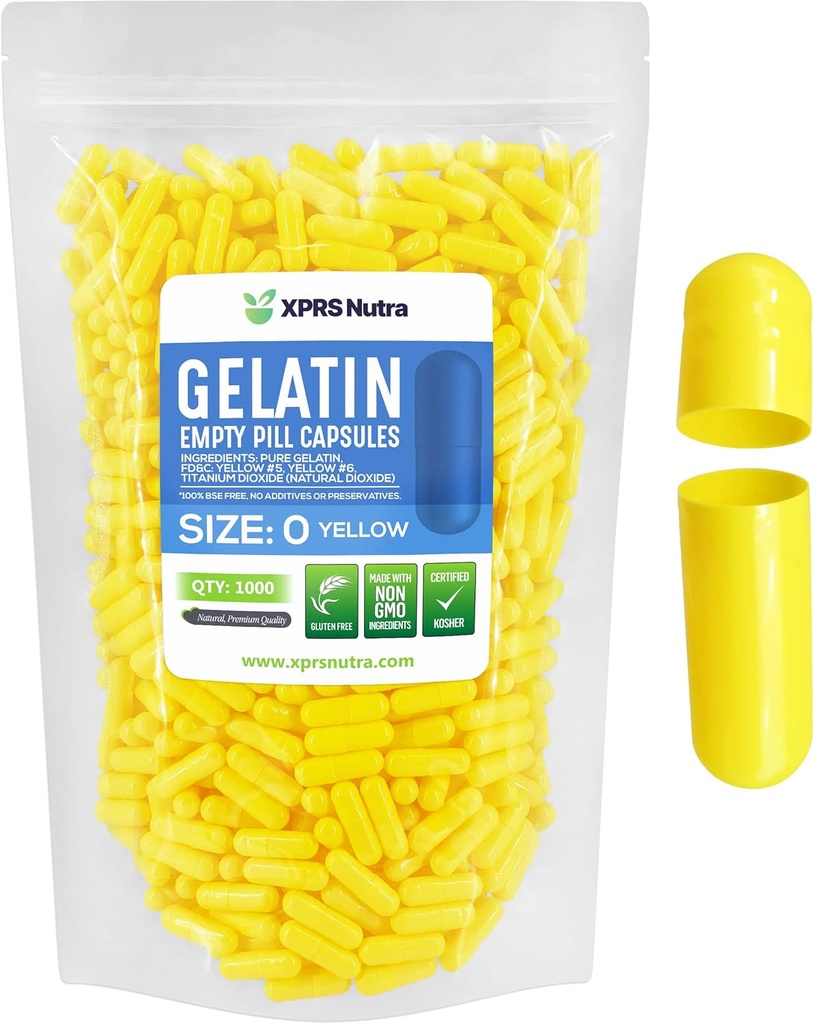 XPRS Nutra Size 0 Empty Capsules - 1000 Count Empty Gelatin Capsules - Pills DIY Capsule Filling - Pure Bovine Pill Gel Caps for Do-It-Yourself Supplements (Yellow)