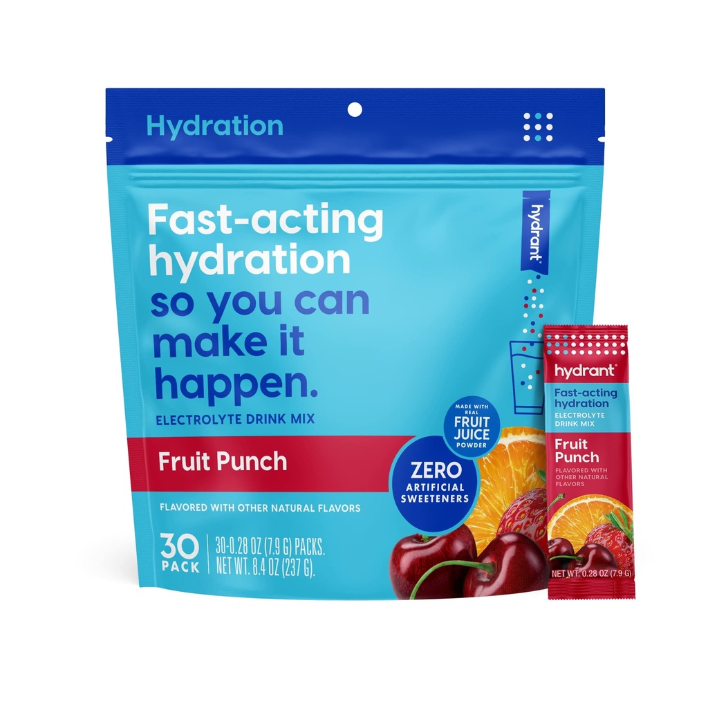 HYDRANT - Hydrate Electrolyte Powder, Fruit Punch Flavor, 30 Rapid Hydration Individual Stick Packs - Low Sugar Drink Mix for Daily Use, Travel & Workouts