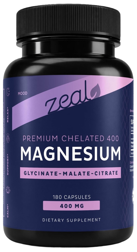 Premium chelateret Magnesiumglycinat, Malat, Citrat (400mg * 124; 180 Kapsler) Triple Blend Magnesium Complex w. Magnesiummalat Magnesiumglycinat og Magnesiumcitrat