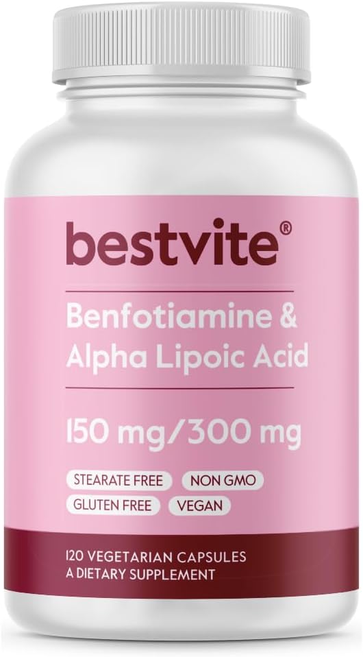 Benfotiamin 150mg / Alpha Lipoinsyre 300mg (120 vegetariske kapsler) - Ingen stearater - Vegan - Gluten Free - Ikke GMO