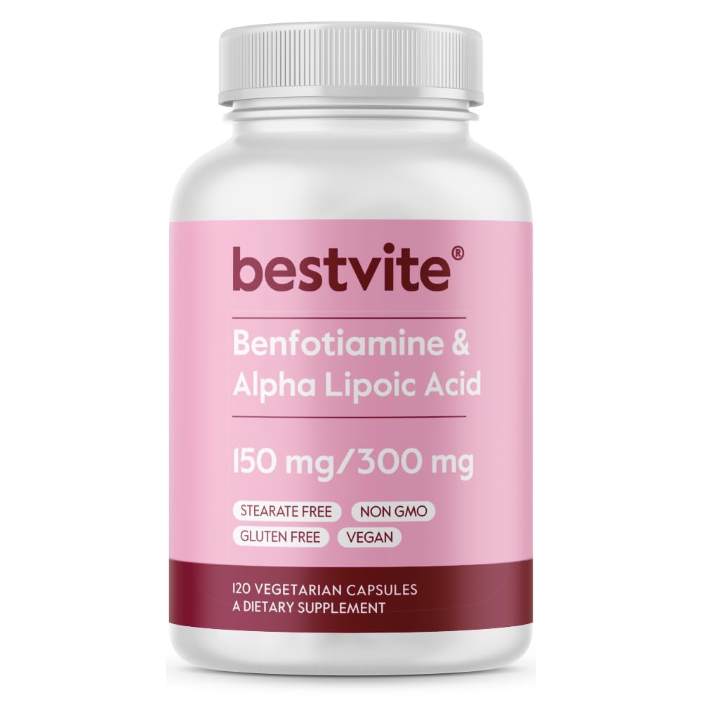 Benfotiamin 150mg / Alpha Lipoinsyre 300mg (120 vegetariske kapsler) - Ingen stearater - Vegan - Gluten Free - Ikke GMO