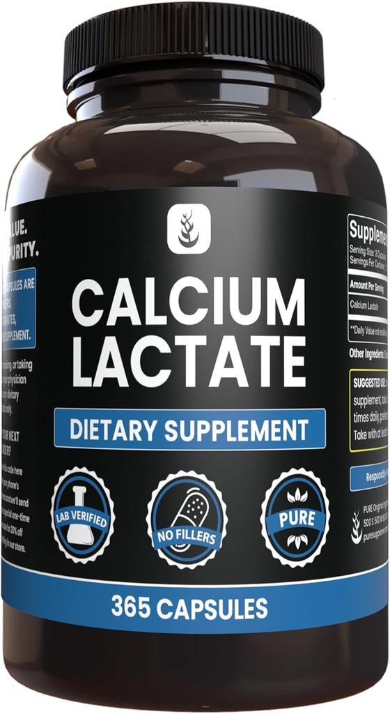 Pure Original Ingredienser Calciumlactat (365 kapsler) Ingen Magnesium eller Rice Fillers, Altid Pure, Lab Verified