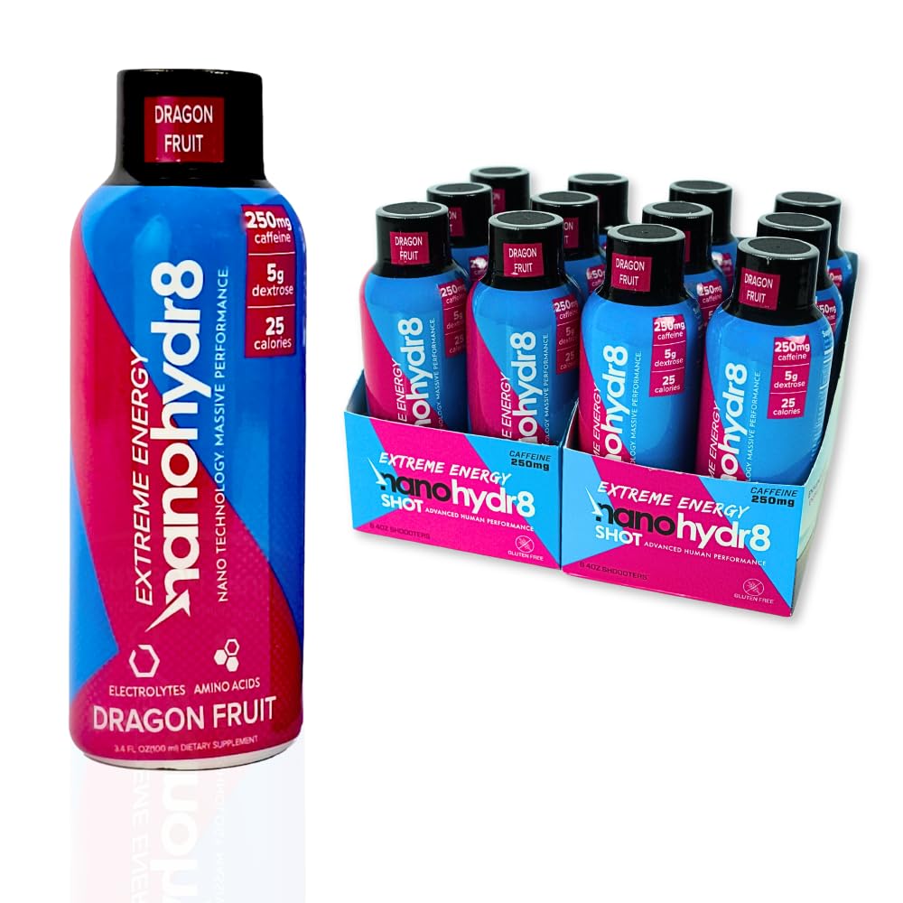 Nanohydr8 Workout Energy Drink with Nanotechnology for Fast Hydration and Electrolyte Recovery, 4 Ounce Shooter, Dragon Fruit Extreme 12 Pack