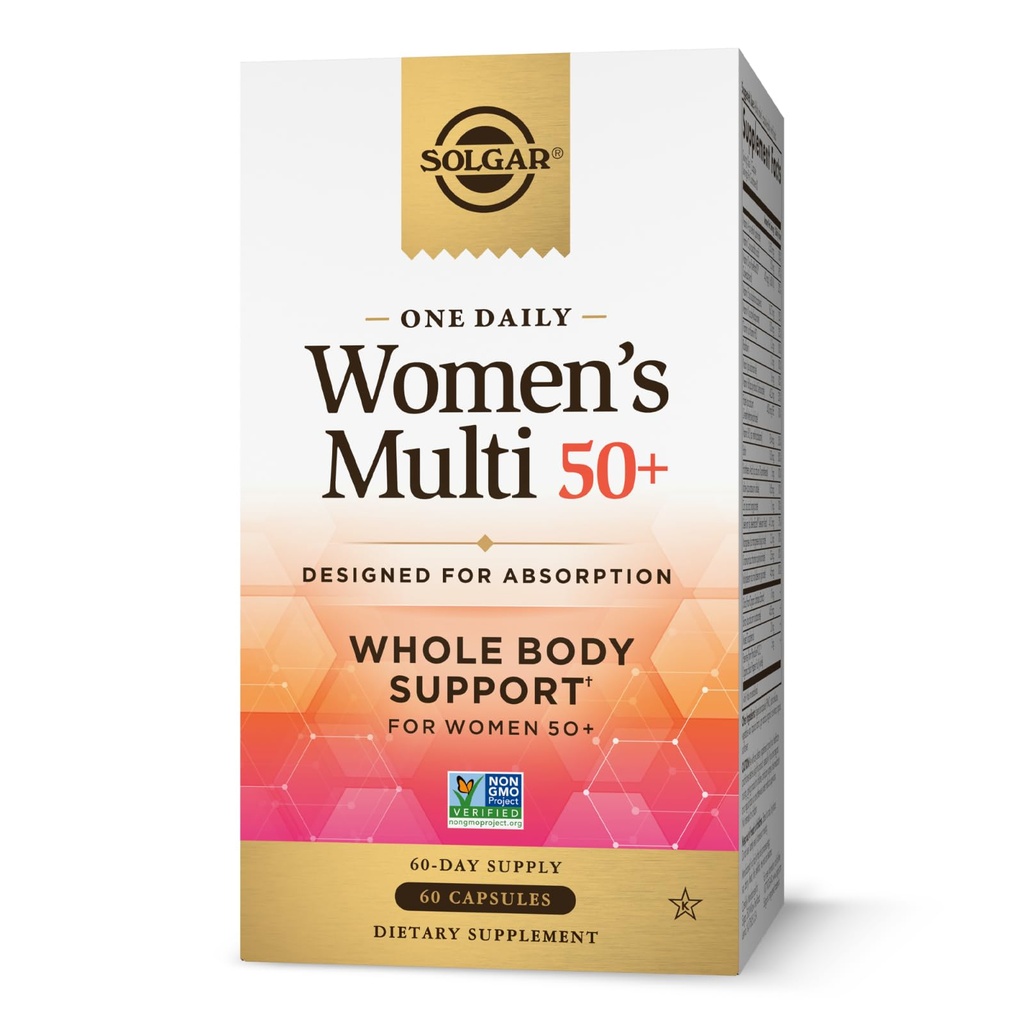 Solgar One Daily Women 's Multi 50 + Whole Body Support for Women 50 and Older - Højt Absorbable Heart, Bone & Breast Health, Energy, Stress, Hår Skin & Nails Multivitamin, 60 Vegansk Capsule Serveringer