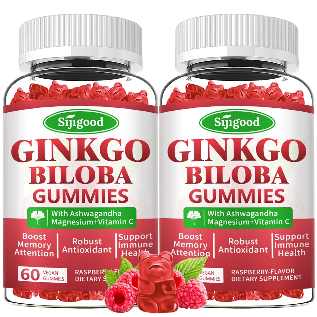 2 Pack Ginkgo Biloba Gummies med Panax Ginseng og Magnesium, Ginkgo Biloba Kosttilskud til fokus, hukommelse og hjerne sundhed for voksne & børn, Vegansk Raspberry Flavor Gummies, 120 Greve