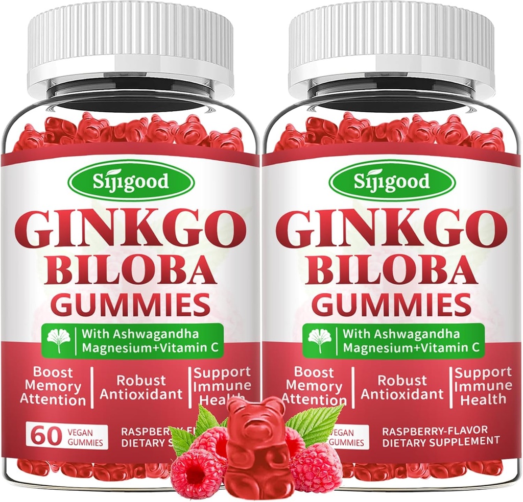 2 Pack Ginkgo Biloba Gummies med Panax Ginseng og Magnesium, Ginkgo Biloba Kosttilskud til fokus, hukommelse og hjerne sundhed for voksne & børn, Vegansk Raspberry Flavor Gummies, 120 Greve