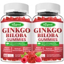 2 Pack Ginkgo Biloba Gummies med Panax Ginseng og Magnesium, Ginkgo Biloba Kosttilskud til fokus, hukommelse og hjerne sundhed for voksne & børn, Vegansk Raspberry Flavor Gummies, 120 Greve