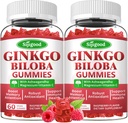 2 Pack Ginkgo Biloba Gummies med Panax Ginseng og Magnesium, Ginkgo Biloba Kosttilskud til fokus, hukommelse og hjerne sundhed for voksne & børn, Vegansk Raspberry Flavor Gummies, 120 Greve