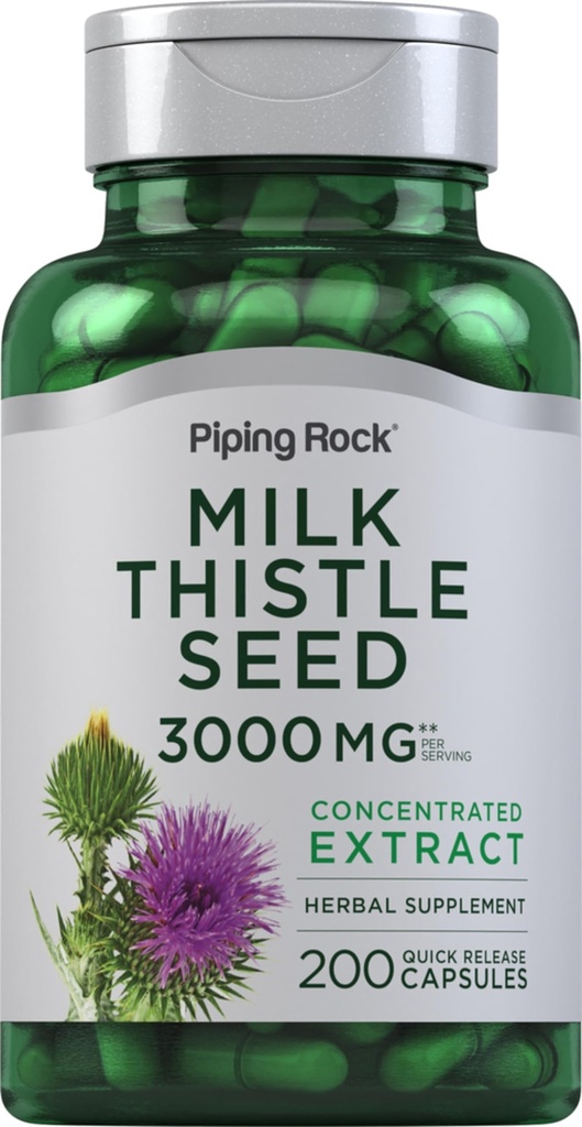 Piping Rock Milk Thistle Supplement- 124; 3000mg - 124; 200 Kapsler - 124; Koncentreret Urteekstrakt - 124; Non- GMO, Gluten Free