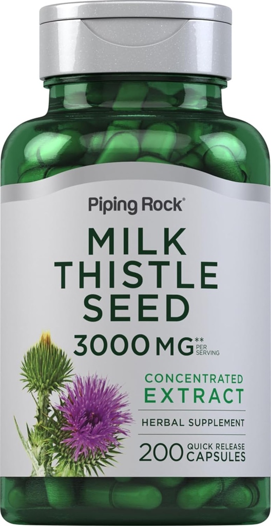 Piping Rock Milk Thistle Supplement- 124; 3000mg - 124; 200 Kapsler - 124; Koncentreret Urteekstrakt - 124; Non- GMO, Gluten Free