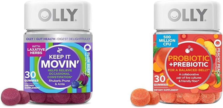 OLLY Constipation Relief Gummies with Rabarber, Prunes, Amla & Probiotic + Prebiotic Gummies for fordøjelsessygdomme, 500 Millioner CFU 'er, 30 Greve