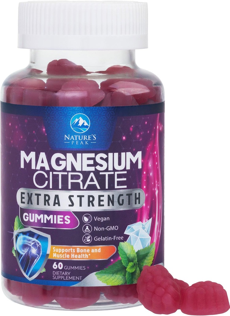Magnesium Citrate Supplement Gummies - Høj Absorption Magnesium Gummy til voksne og børn, Magnesio Citrate Kosttilskud til ben, muskelsundhed, hjertestøtte, Vegan, Gluten Free, Non-GMO - 60 Gummies