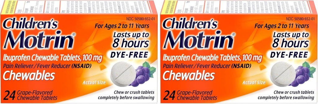 Motrin Children 's Dy- Free Ibuprofen Chewable Tablets for Pain & Fever, Grape, 24 Greve (pakke med 2)