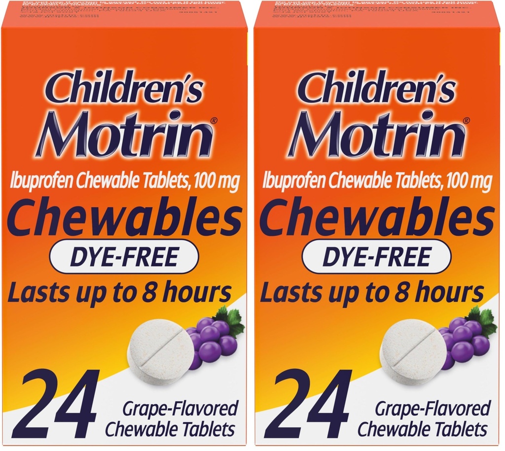 Motrin Children 's Dy- Free Ibuprofen Chewable Tablets for Pain & Fever, Grape, 24 Greve (pakke med 2)