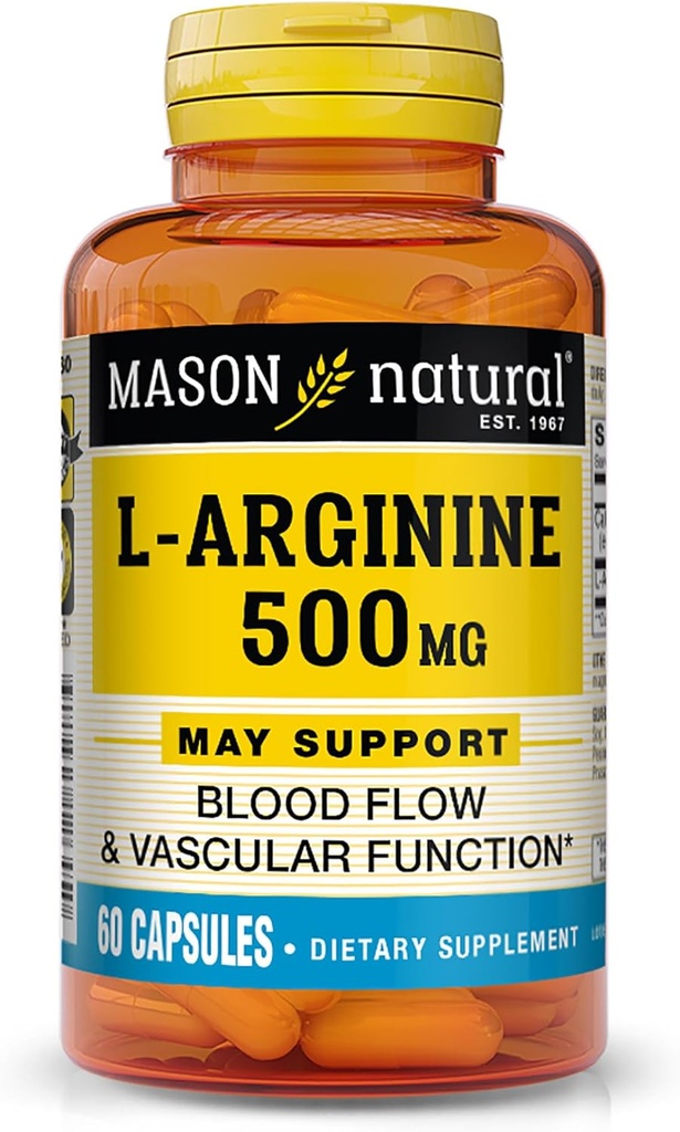 MASON NATURAL L- Arginin 500 mg med Calcium- Understøtter sund cirkulation & vaskulær funktion, nitrogenoxid supplement, 60 kapsler