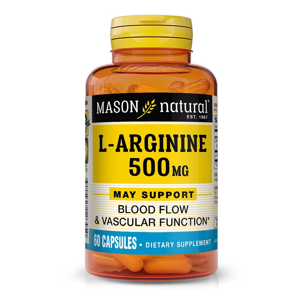 MASON NATURAL L- Arginin 500 mg med kalcium- understøtter sund cirkulation og vaskulær funktion, nitrogenoxid tillæg, 60 kapsler