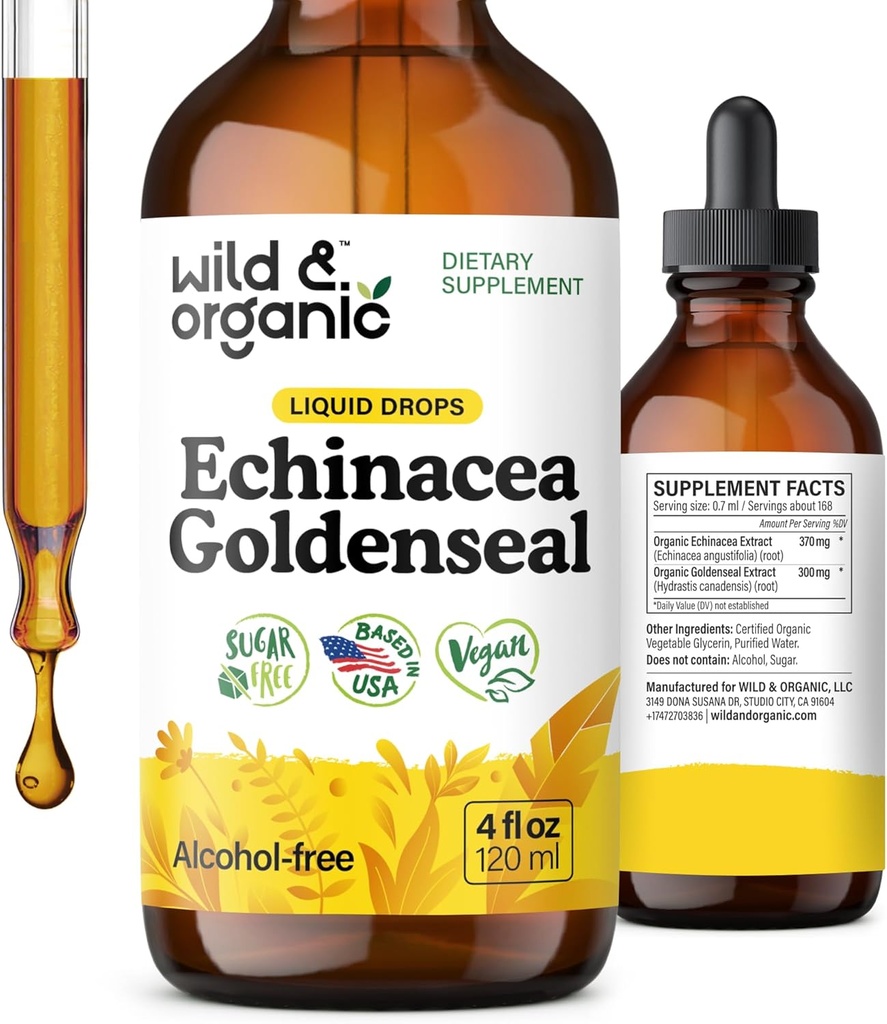 Wild & Organic Echinacea Goldenseal Tincture - Immunsupport Drops med Echinacea og Goldenseal Root Extract - Vegan, Sukker & Alkohol- Free Liquid Supplement - 4 fl oz
