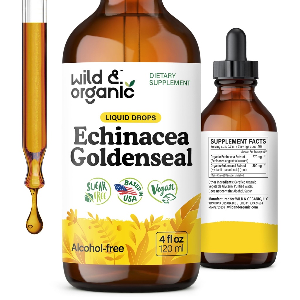 Wild & Organic Echinacea Goldenseal Tincture - Immunsupport Drops med Echinacea og Goldenseal Root Extract - Vegan, Sukker & Alkohol- Free Liquid Supplement - 4 fl oz
