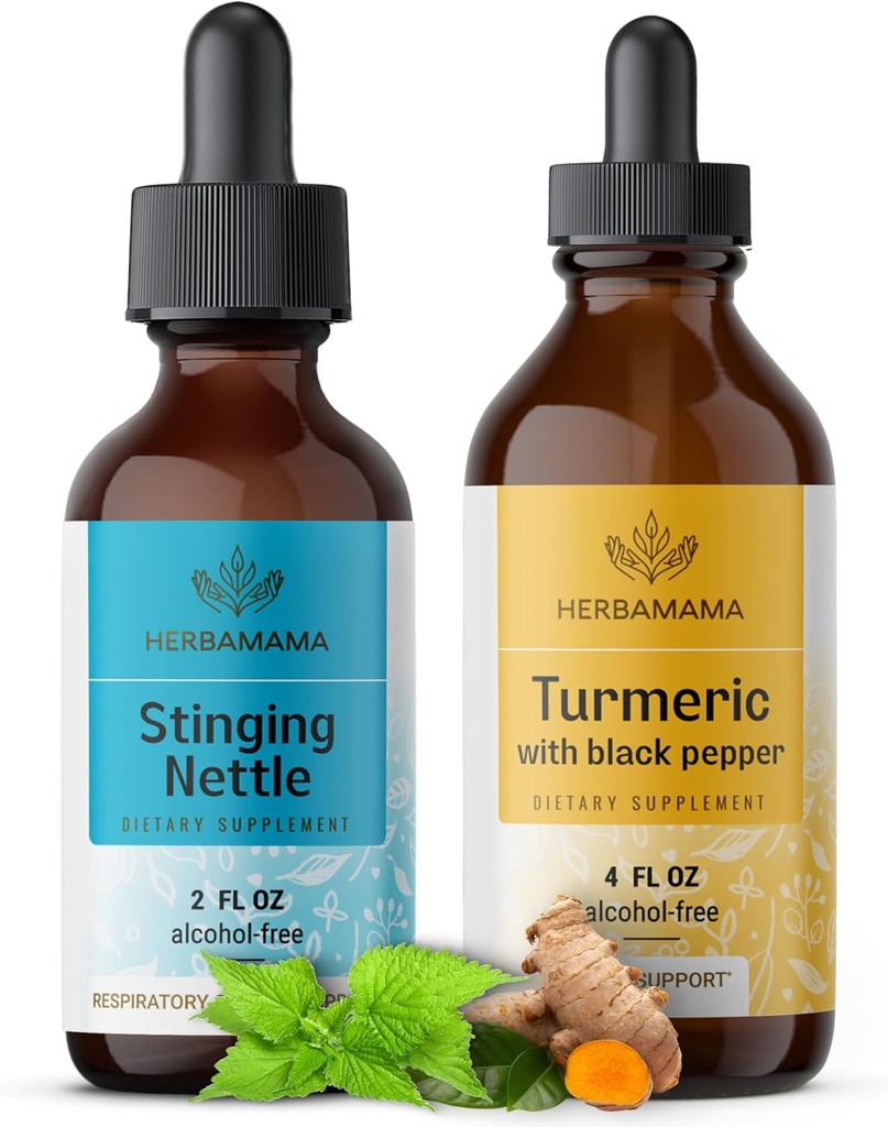 HERBAMAMA Herbal Liquid Drops Kit - Bundle of Stinging Nettle 2 fl oz & gurkemeje Curcumin Tincture 4 fl oz - Vegan, Non- GMO, Sugar & Alcohol- Free - 2 Pack