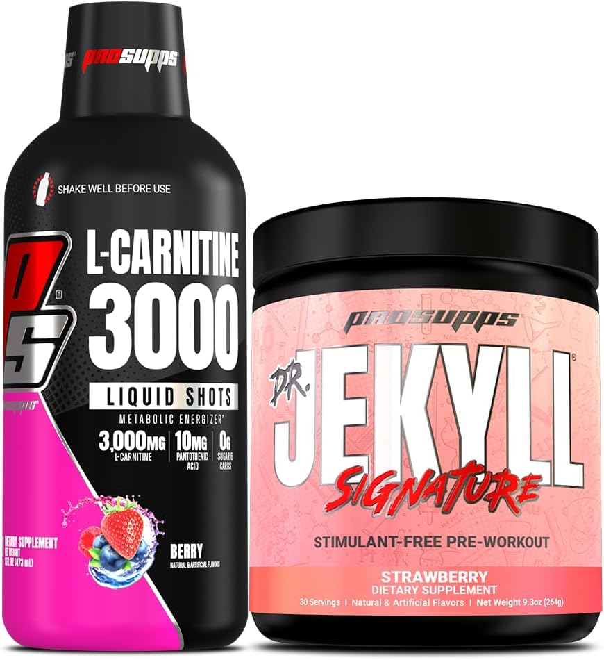 PROSUPPS L- Carnitin 3000 Stimulant Free Liquid Shots (Berry) Dr. Jekyll Signature Intense Focus, Energy & Pumps Pre- Workout Powder (Strawberry) Bundle