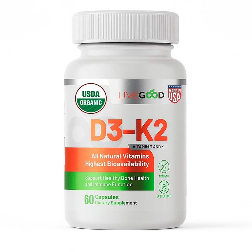 LIVEGOOD Organic D3 K2 Supplement 2000 IE, Veganske kapsler med MK- 7, Pure Vitamin D3 med K2 til immun, og Knoglestøtte Lavet i USA Organic D3 K2 Formel (60 Tæl)