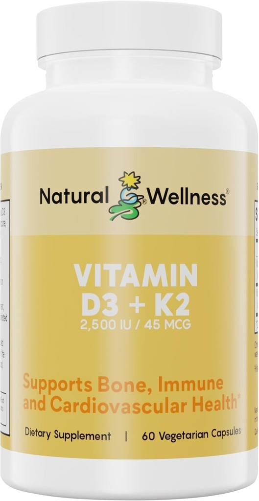 Naturlig Wellness Vitamin D3 + K2 - Højpotens Vitamin D3 2500 IE & K2 MK- 7 45 mcg - Understøtter Knoglestyrke, hjertesundhed, Immunitet & Metabolisme - All- in- One Natural Vegan Supplement, 90 Kapsler