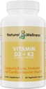Naturlig Wellness Vitamin D3 + K2 - Højpotens Vitamin D3 2500 IE & K2 MK- 7 45 mcg - Understøtter Knoglestyrke, hjertesundhed, Immunitet & Metabolisme - All- in- One Natural Vegan Supplement, 90 Kapsler